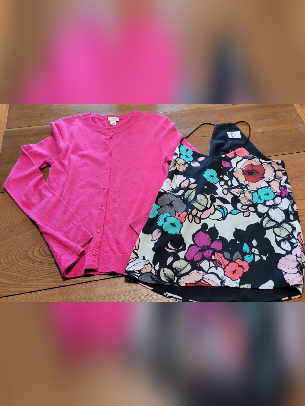 Bright Pink Cardigan & Black Floral Tank Set